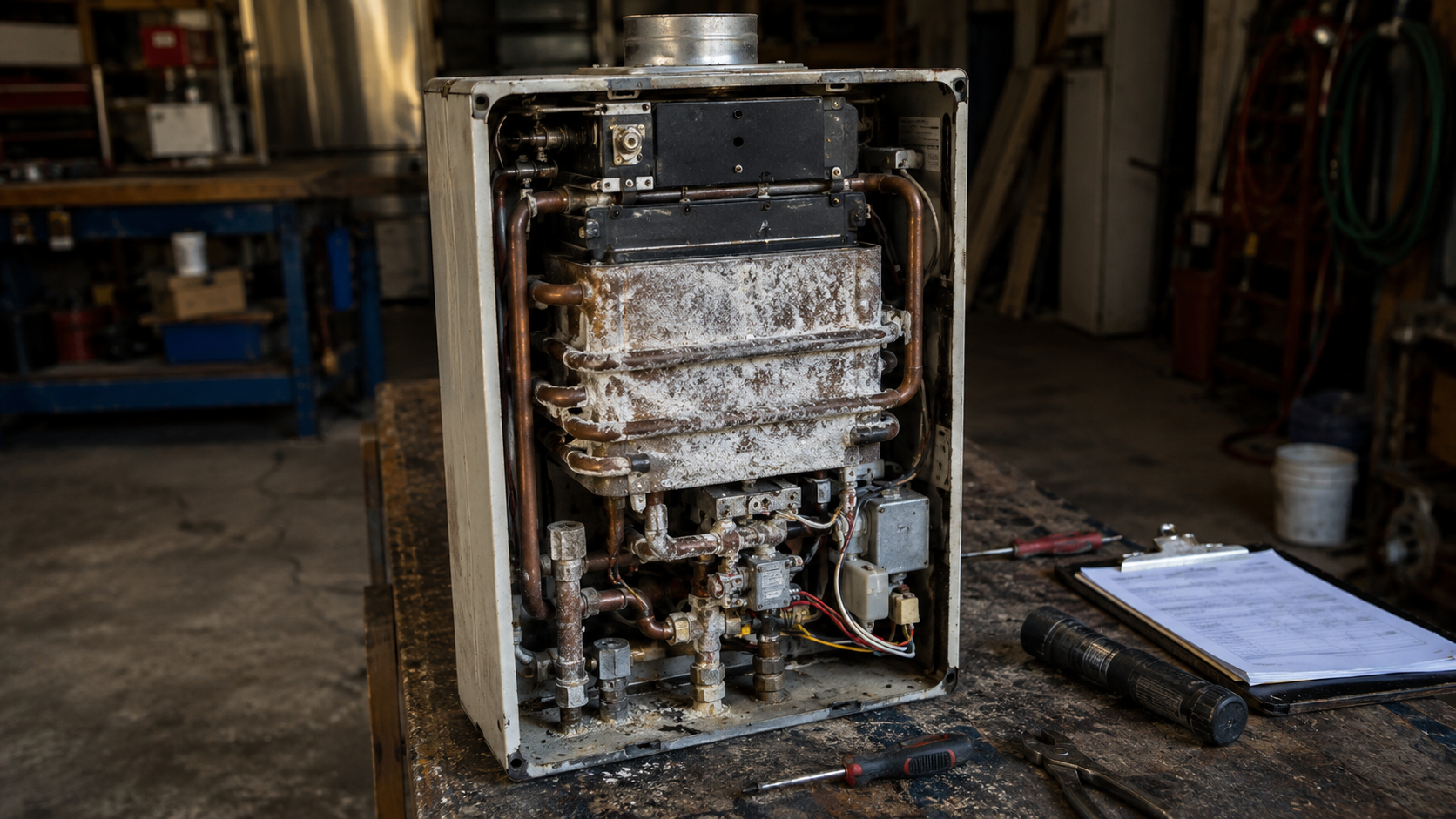 Calcium scale buildup damage inside tankless water heater Las Vegas